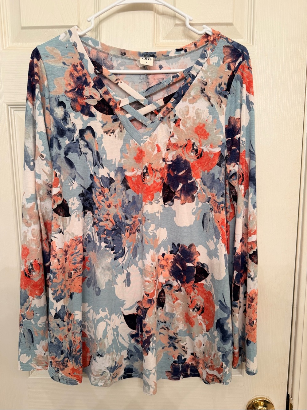Sew In Love Blue Floral Crisscross V-Neck Long Sleeve Top